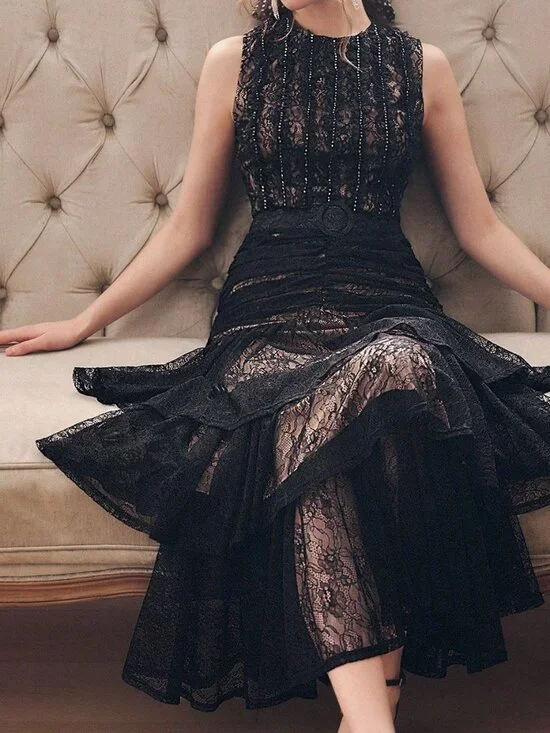 Black Elegant Women's Sleeveless Lace Layered Dress - Picture 5 of 7